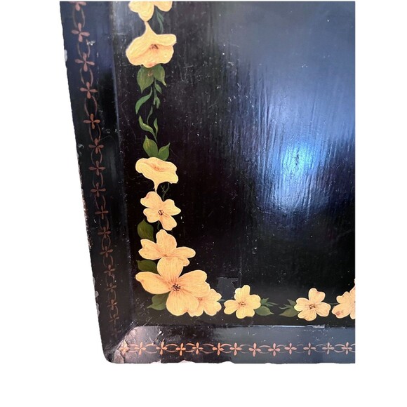 Vintage Black Metal Toleware Tray Hand Painted Gold Floral Dogwood Cottagecore - Picture 5 of 7